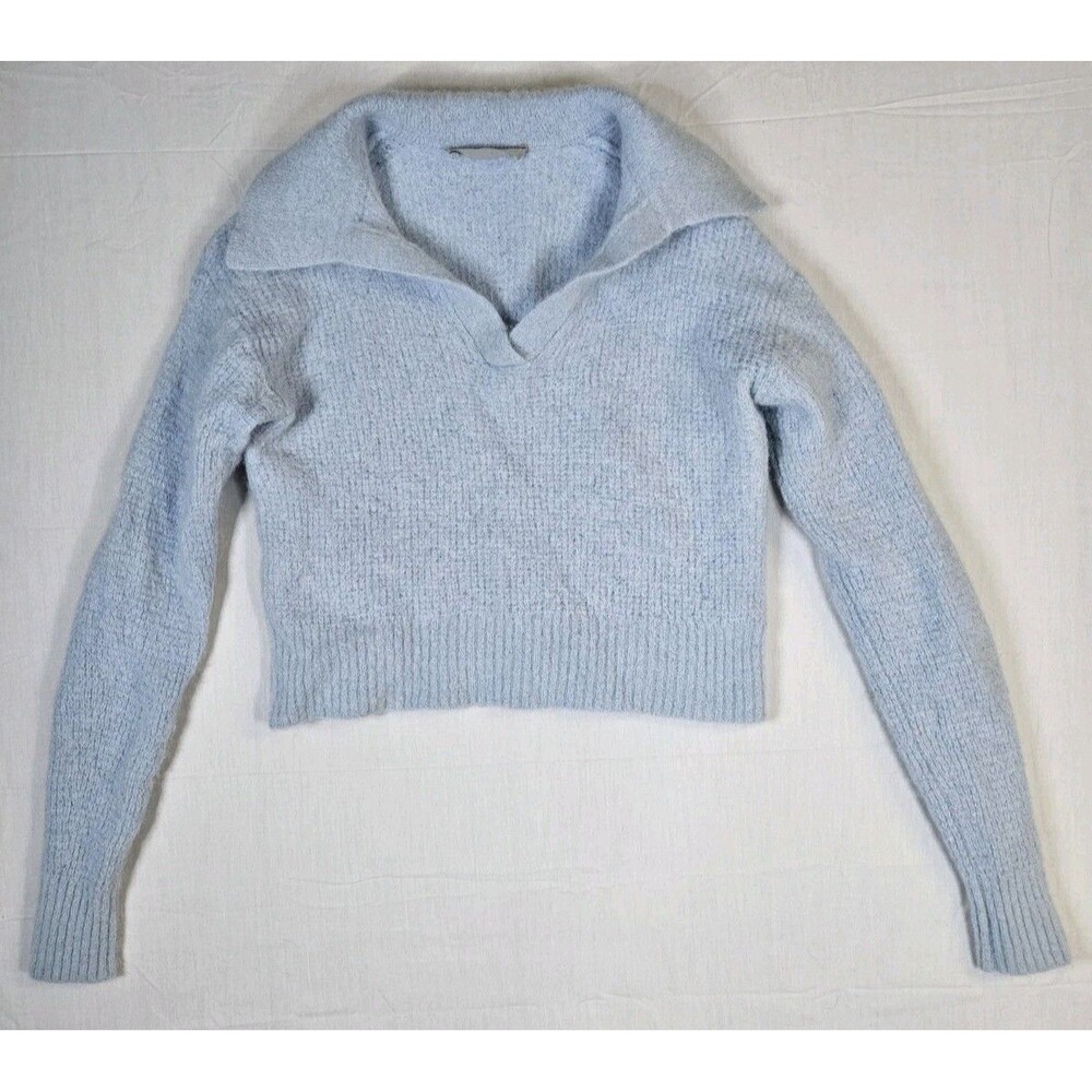 Everlane Sweater Women XS Blue Alpaca Merino Wool Blend Cropped Polo Fuzzy